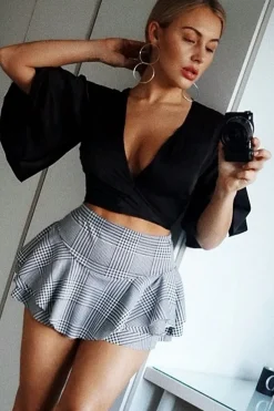 Rebellious Fashion Black Satin Tie Crop Top - Alara