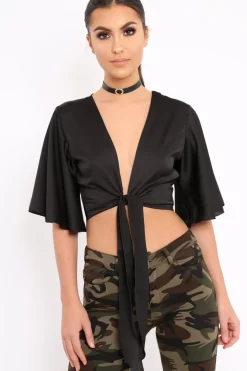 Rebellious Fashion Black Satin Tie Crop Top - Alara