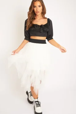 Rebellious Fashion Black Satin Tie Front Crop Top - Jasie