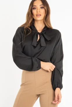 Rebellious Fashion Black Satin Tie Front Long Sleeve Blouse - Cherie