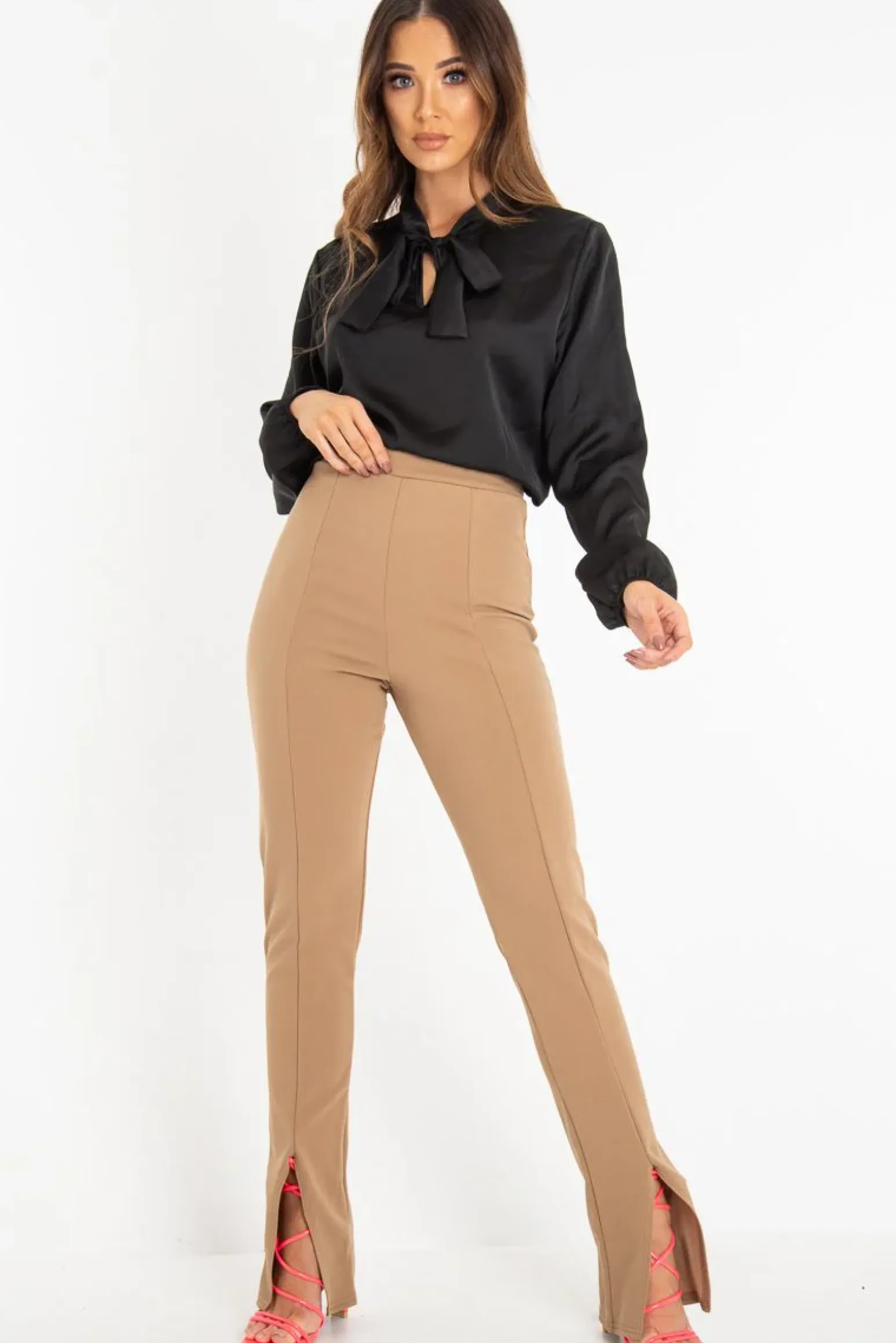 Rebellious Fashion Black Satin Tie Front Long Sleeve Blouse - Cherie