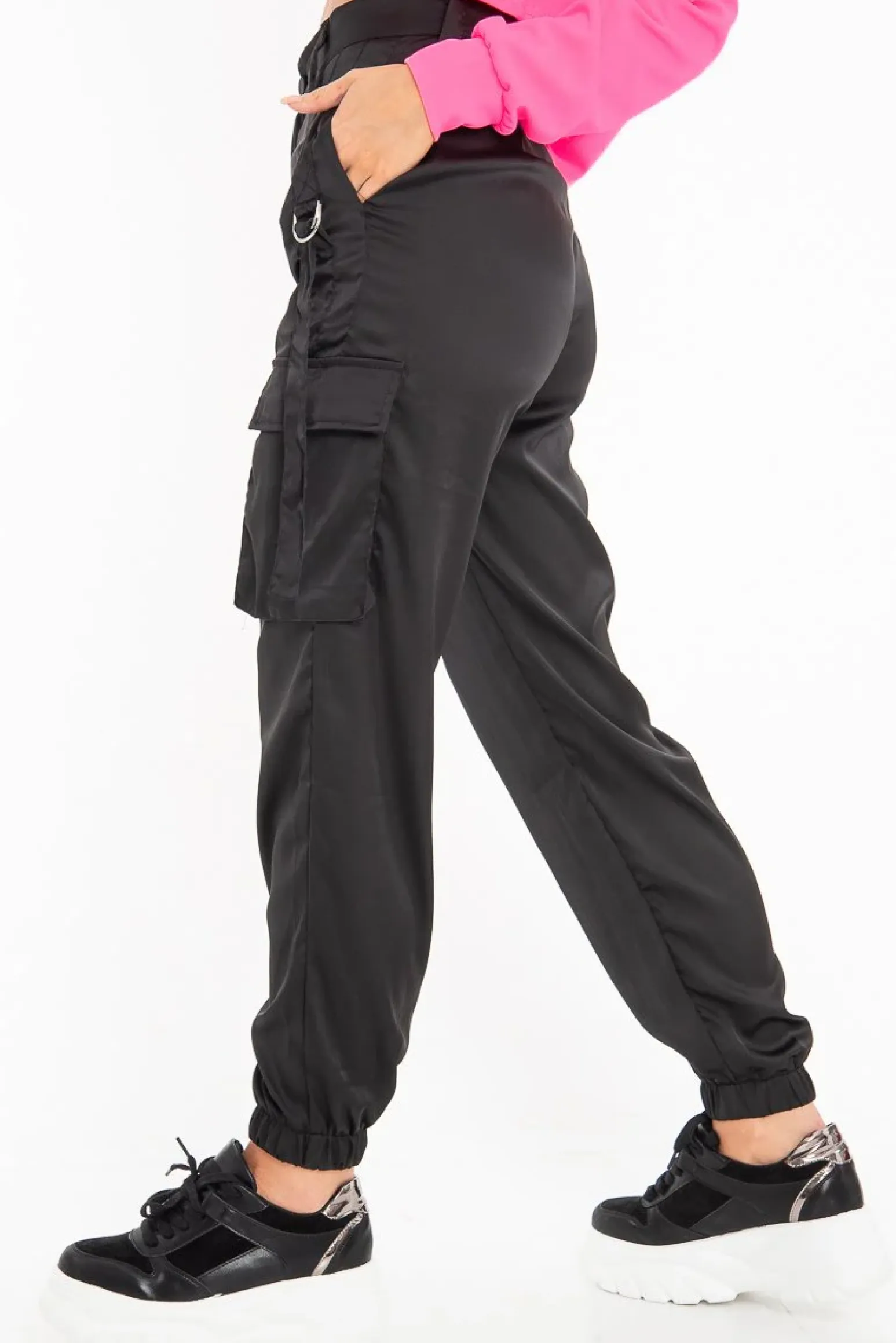Rebellious Fashion Black Satin Utility Pocket Cuffed Hem Trousers - Delilah