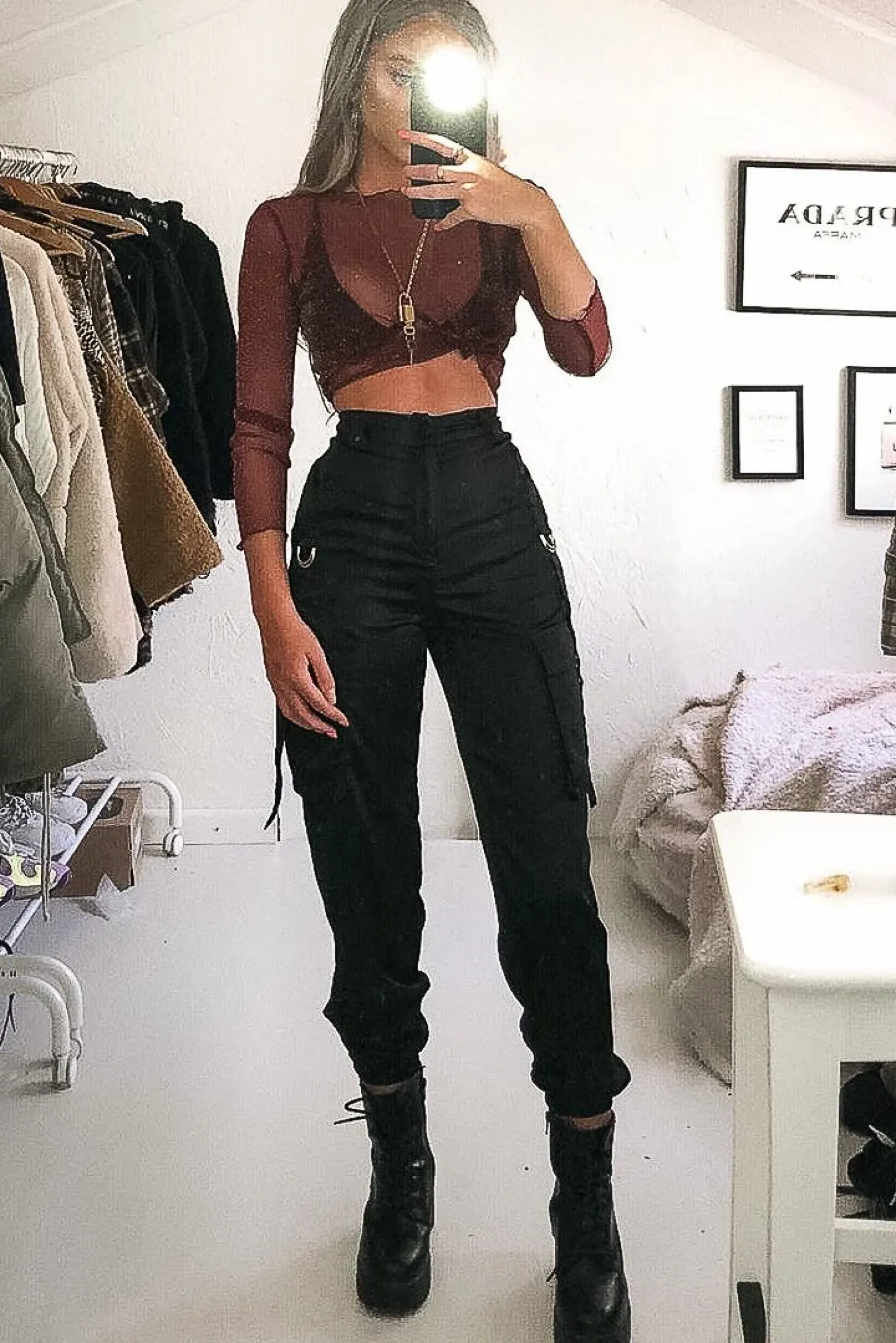 Rebellious Fashion Black Satin Utility Pocket Cuffed Hem Trousers - Delilah