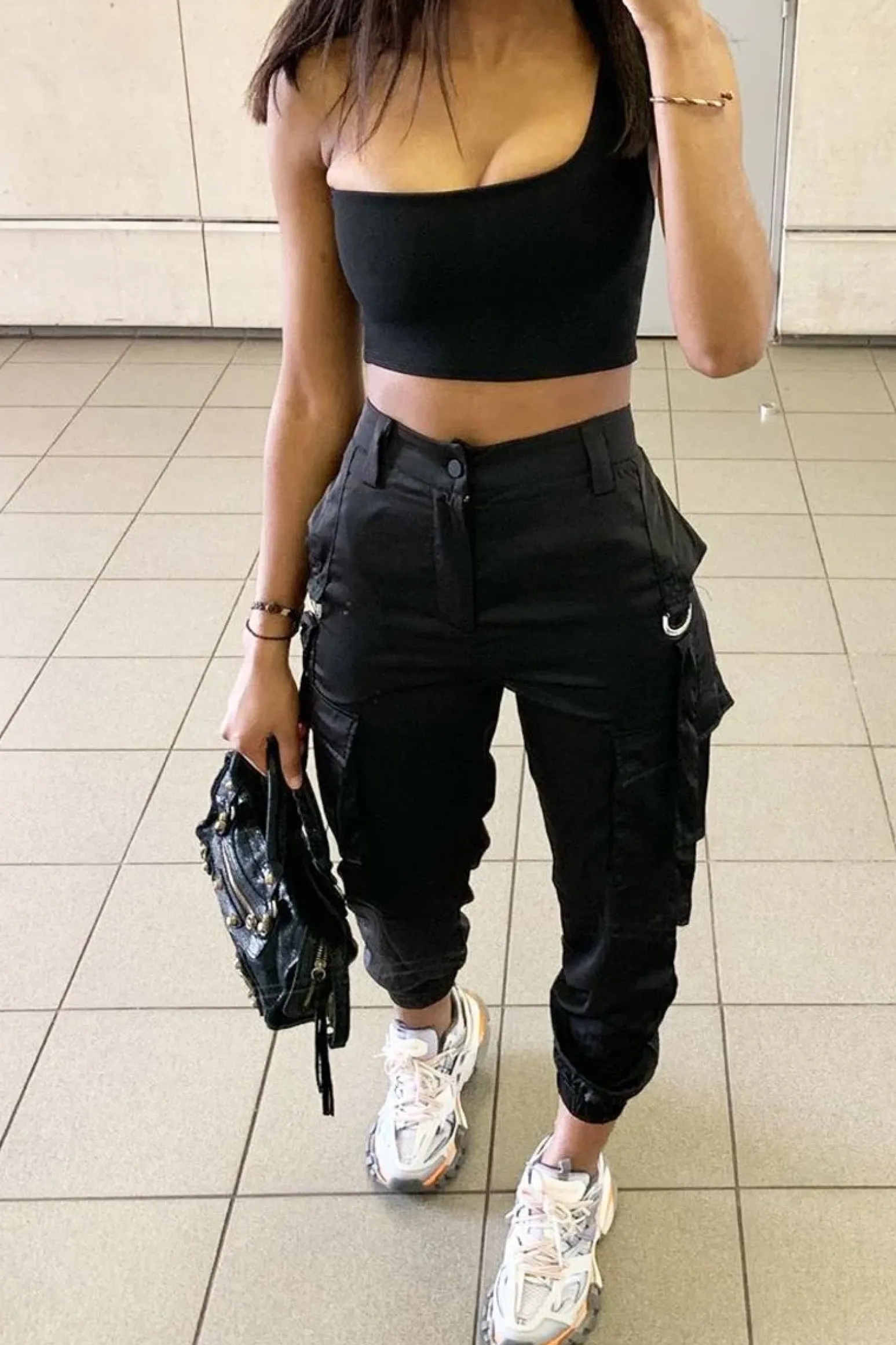 Rebellious Fashion Black Satin Utility Pocket Cuffed Hem Trousers - Delilah