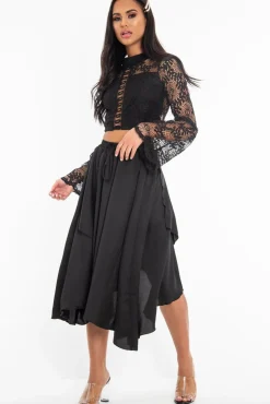Rebellious Fashion Black Satin Wrap Drawstring Waist Midi Skirt - Scarlett