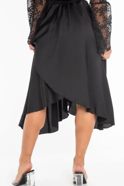 Rebellious Fashion Black Satin Wrap Drawstring Waist Midi Skirt - Scarlett
