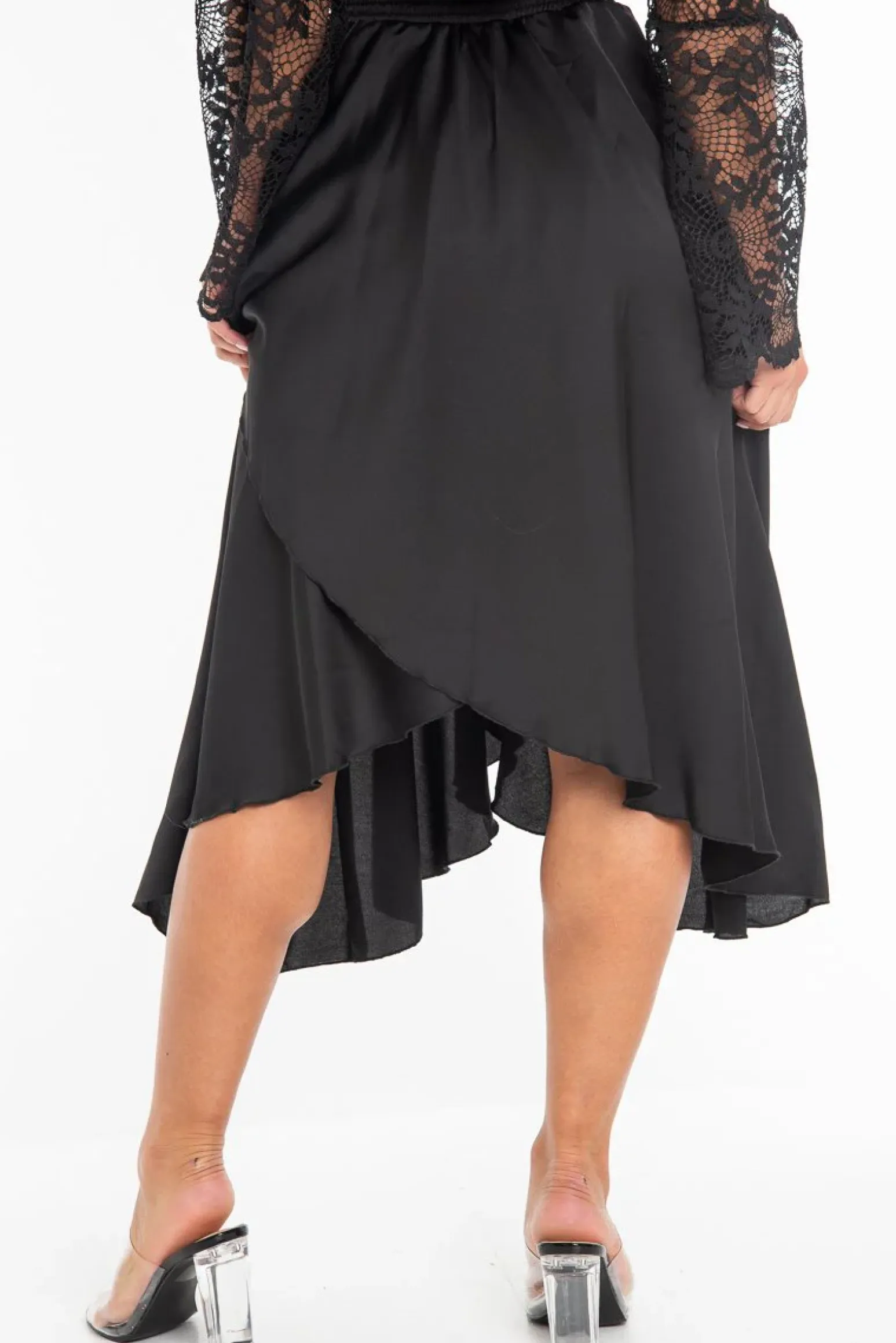 Rebellious Fashion Black Satin Wrap Drawstring Waist Midi Skirt - Scarlett