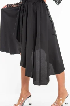 Rebellious Fashion Black Satin Wrap Drawstring Waist Midi Skirt - Scarlett