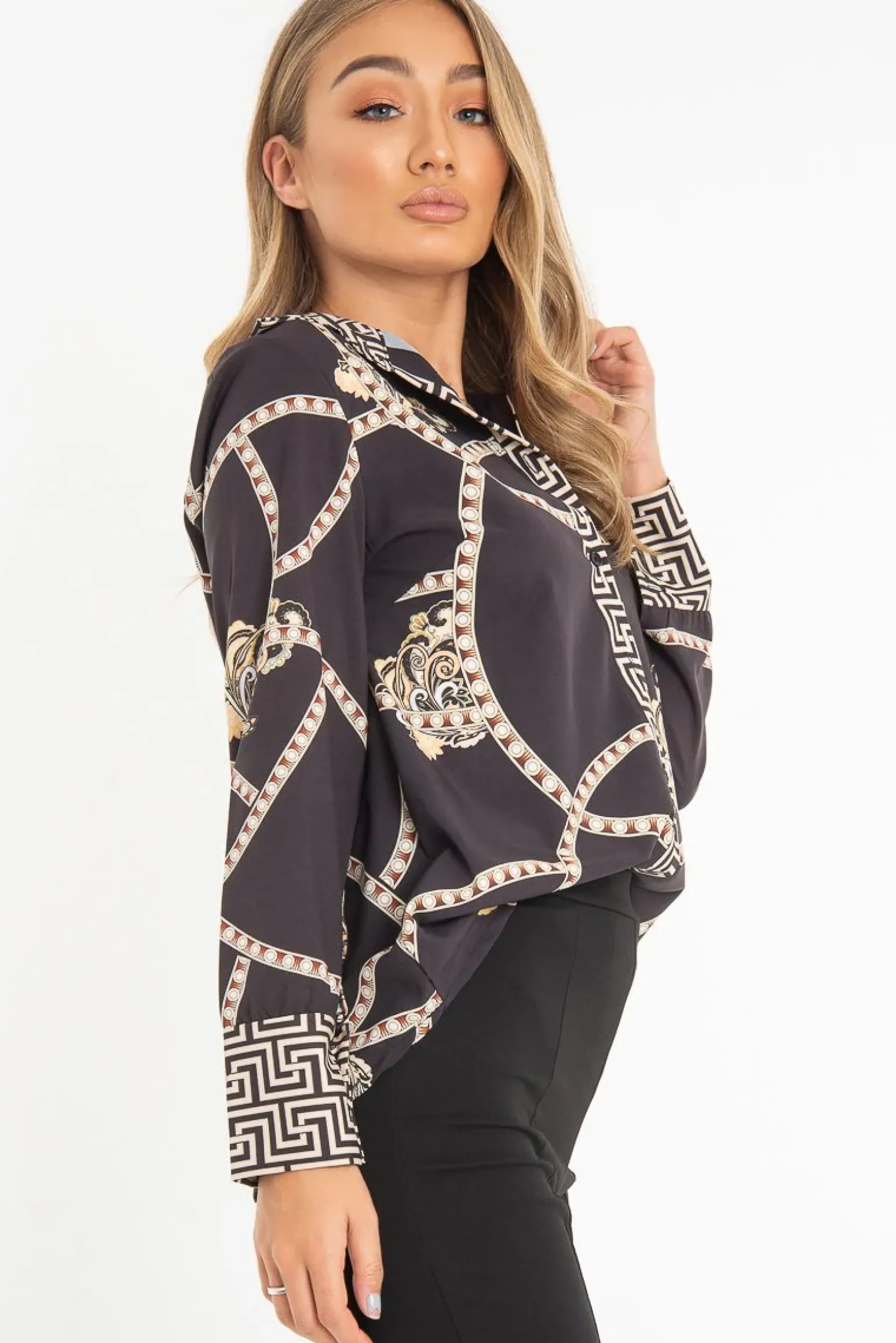 Rebellious Fashion Black Scarf Print Button Up Shirt - Kasen