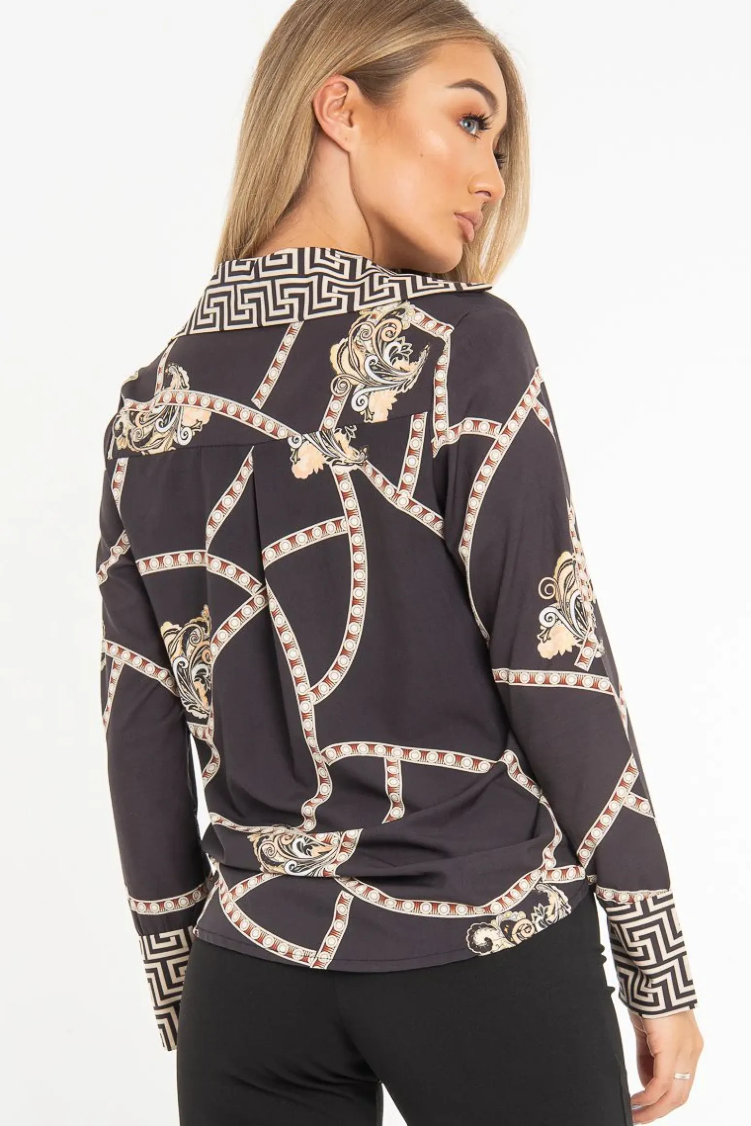 Rebellious Fashion Black Scarf Print Button Up Shirt - Kasen