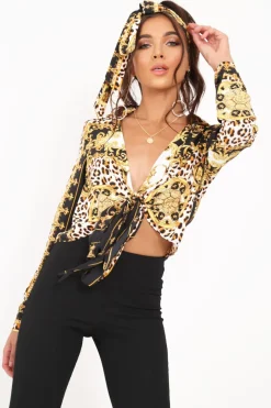 Rebellious Fashion Black Scarf Print Cropped Tie Front Shirt - Kaly