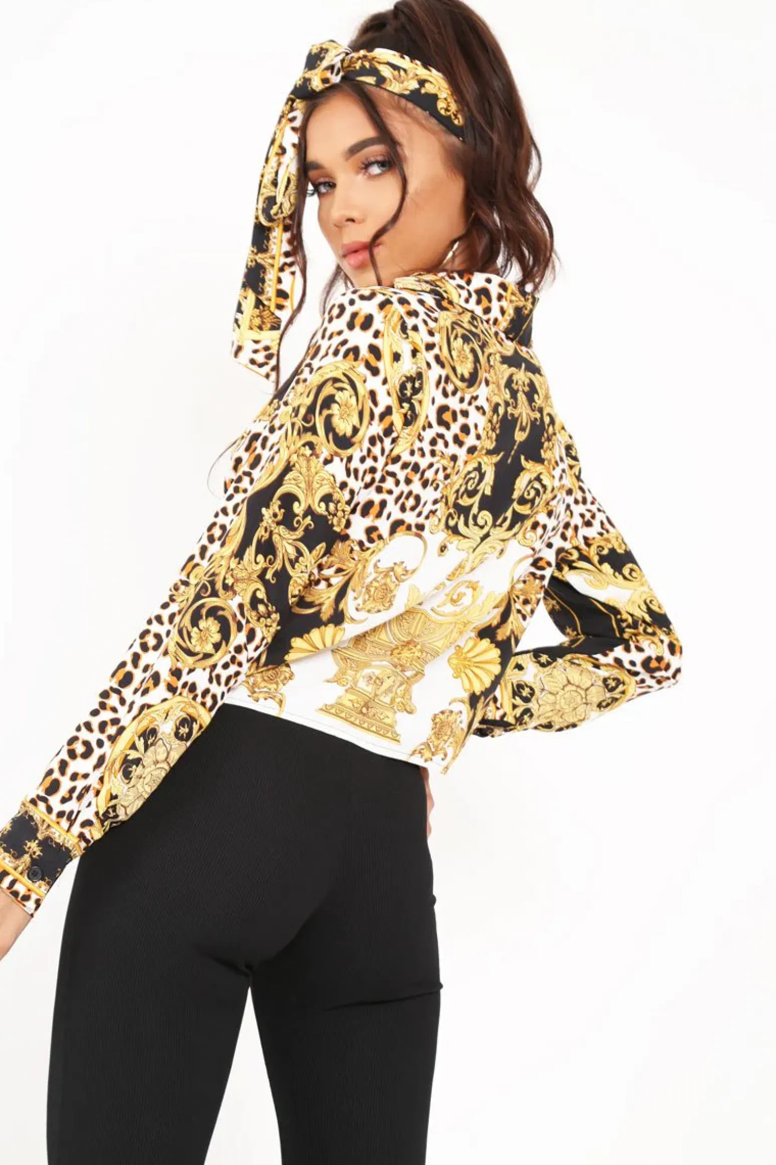 Rebellious Fashion Black Scarf Print Cropped Tie Front Shirt - Kaly