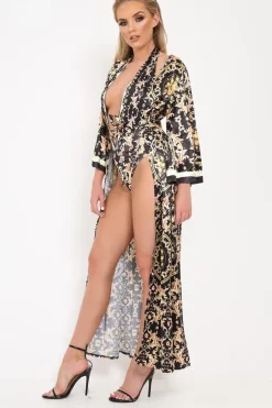 Rebellious Fashion Black Scarf Print Kimono And Bodysuit Co-Ord -Heavenlee