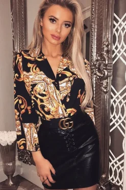 Rebellious Fashion Black Scarf Print Plunge Bodysuit - Cindy-Lou