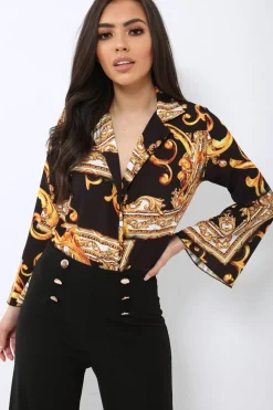 Rebellious Fashion Black Scarf Print Plunge Bodysuit - Cindy-Lou