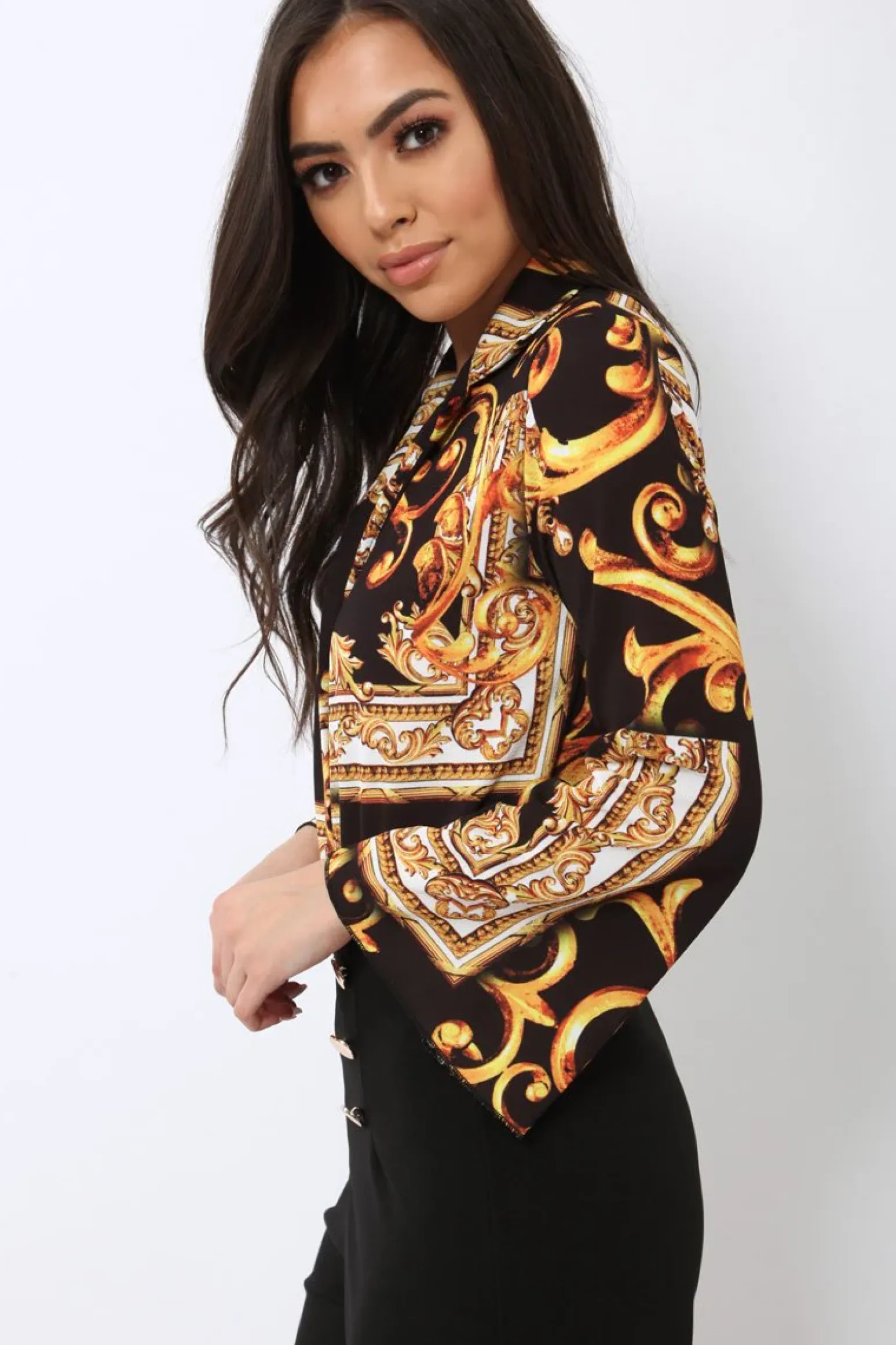 Rebellious Fashion Black Scarf Print Plunge Bodysuit - Cindy-Lou