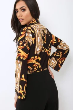 Rebellious Fashion Black Scarf Print Plunge Bodysuit - Cindy-Lou