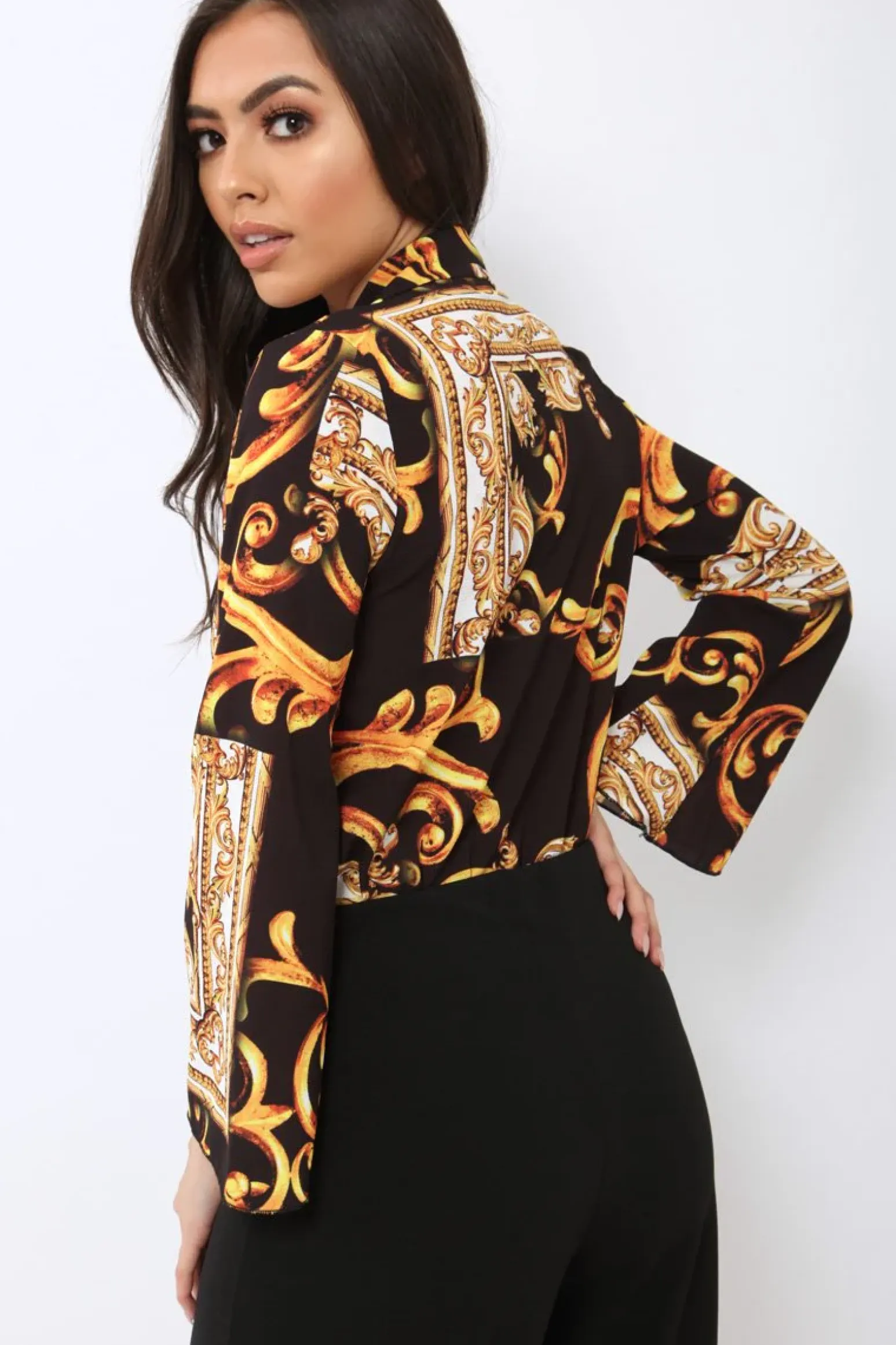 Rebellious Fashion Black Scarf Print Plunge Bodysuit - Cindy-Lou