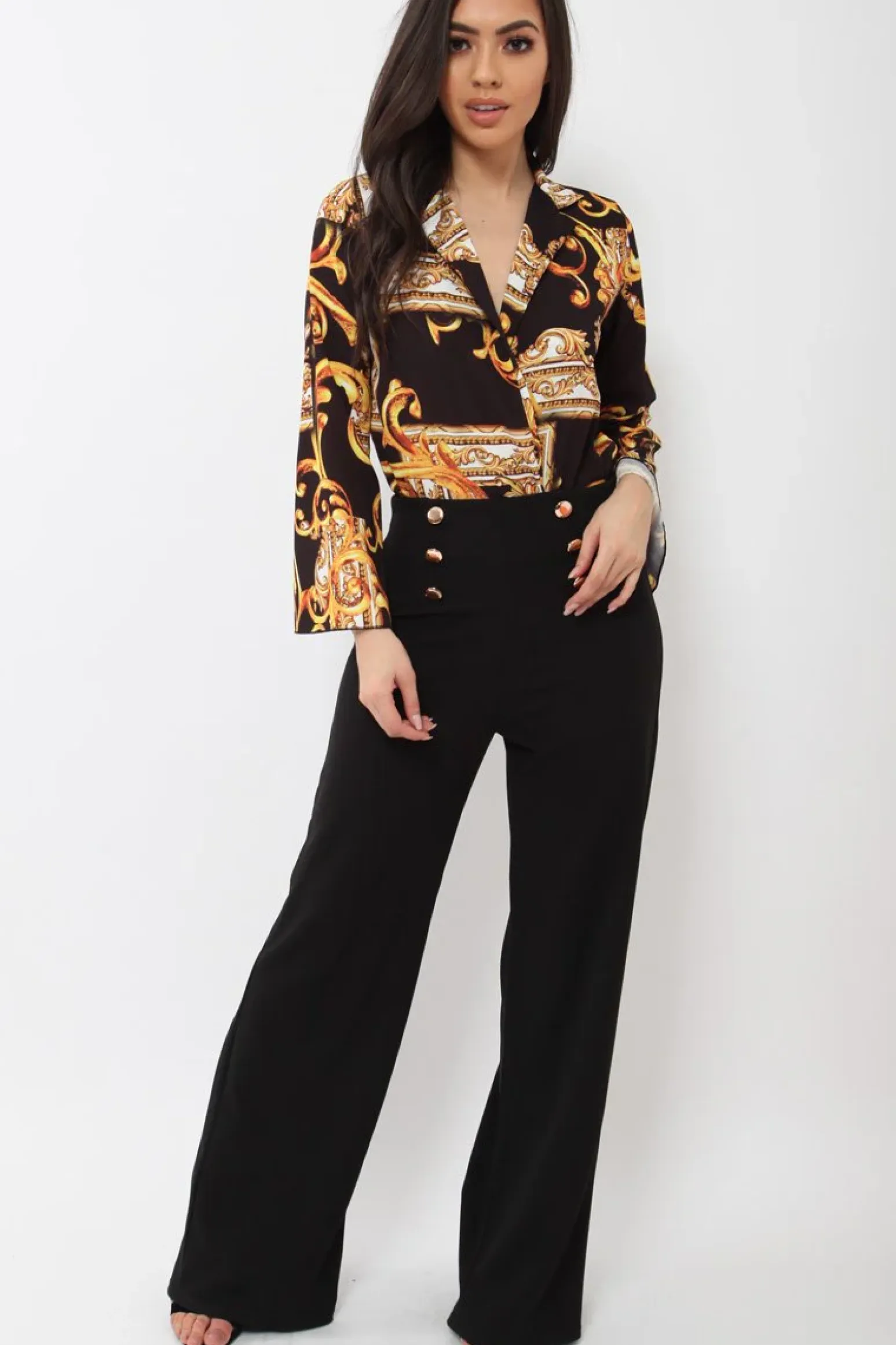 Rebellious Fashion Black Scarf Print Plunge Bodysuit - Cindy-Lou
