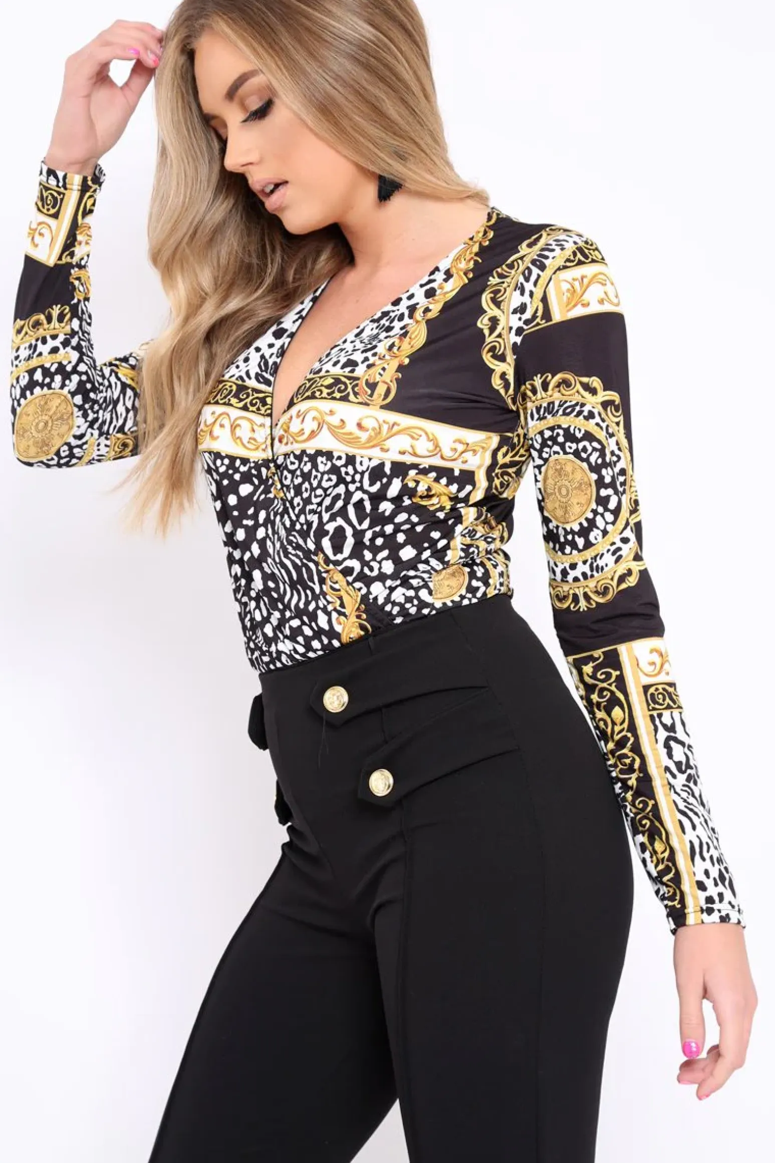 Rebellious Fashion Black Scarf Print Wrap Bodysuit - Yazmin