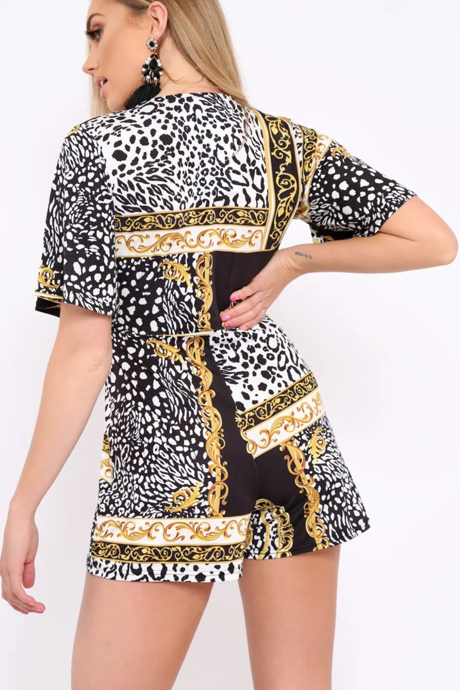 Rebellious Fashion Black Scarf Print Wrap Playsuit - Michaela