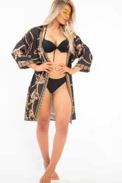 Rebellious Fashion Black Scarf Print Wrap Tie Front Kimono - Aubrey