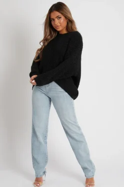 Rebellious Fashion Black Scoop Neck Fluffy Jumper - Ameliah