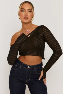 Rebellious Fashion Black Semi Sheer Off Shoulder Top - Carolina