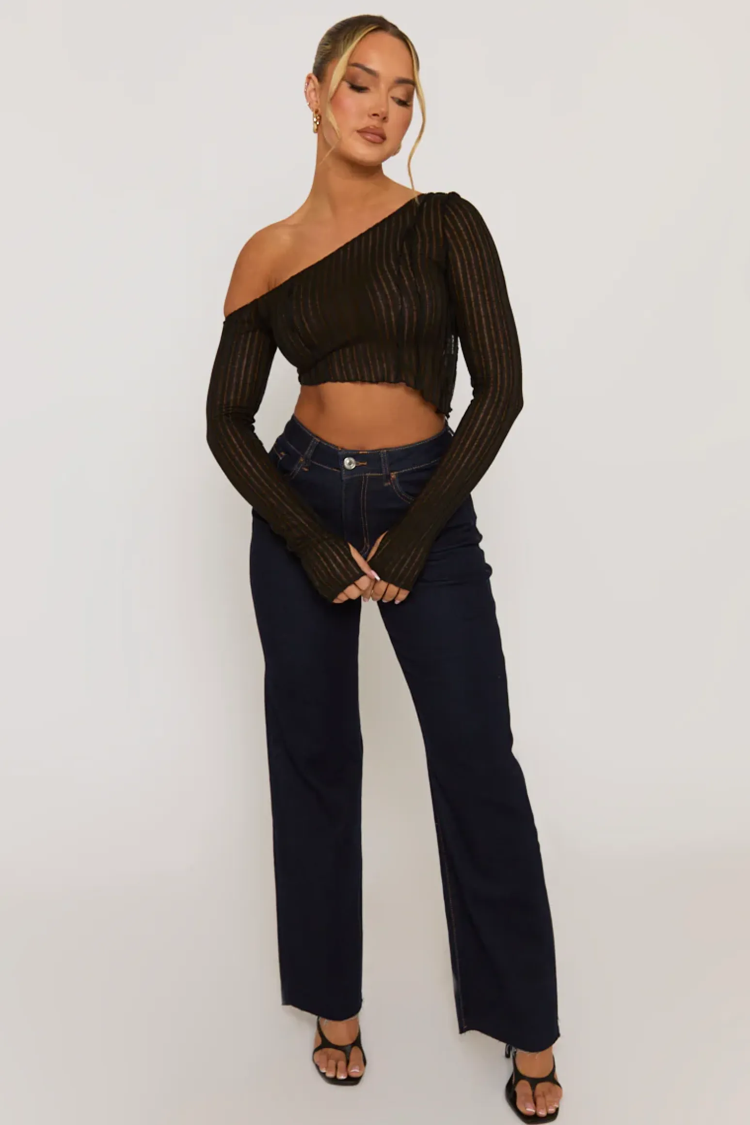 Rebellious Fashion Black Semi Sheer Off Shoulder Top - Carolina