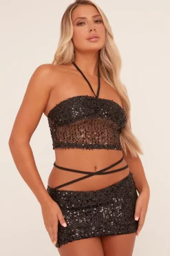 Rebellious Fashion Black Sequin Bandeau Crop Top & Mini Skirt Co-ord Set - Shiya