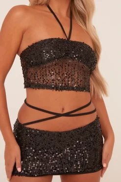 Rebellious Fashion Black Sequin Bandeau Crop Top & Mini Skirt Co-ord Set - Shiya