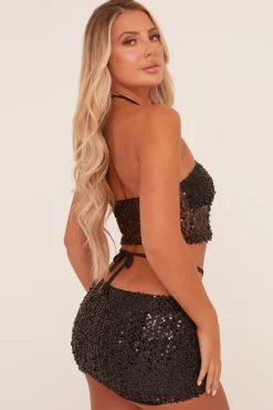 Rebellious Fashion Black Sequin Bandeau Crop Top & Mini Skirt Co-ord Set - Shiya