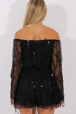 Rebellious Fashion Black Sequin Bardot Playsuit - Sadira