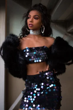 Rebellious Fashion Black Sequin Boob Tube and Skirt Co ord - Lilia