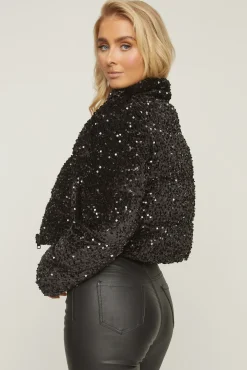 Rebellious Fashion Black Sequin Cropped Puffer Jacket - Jady