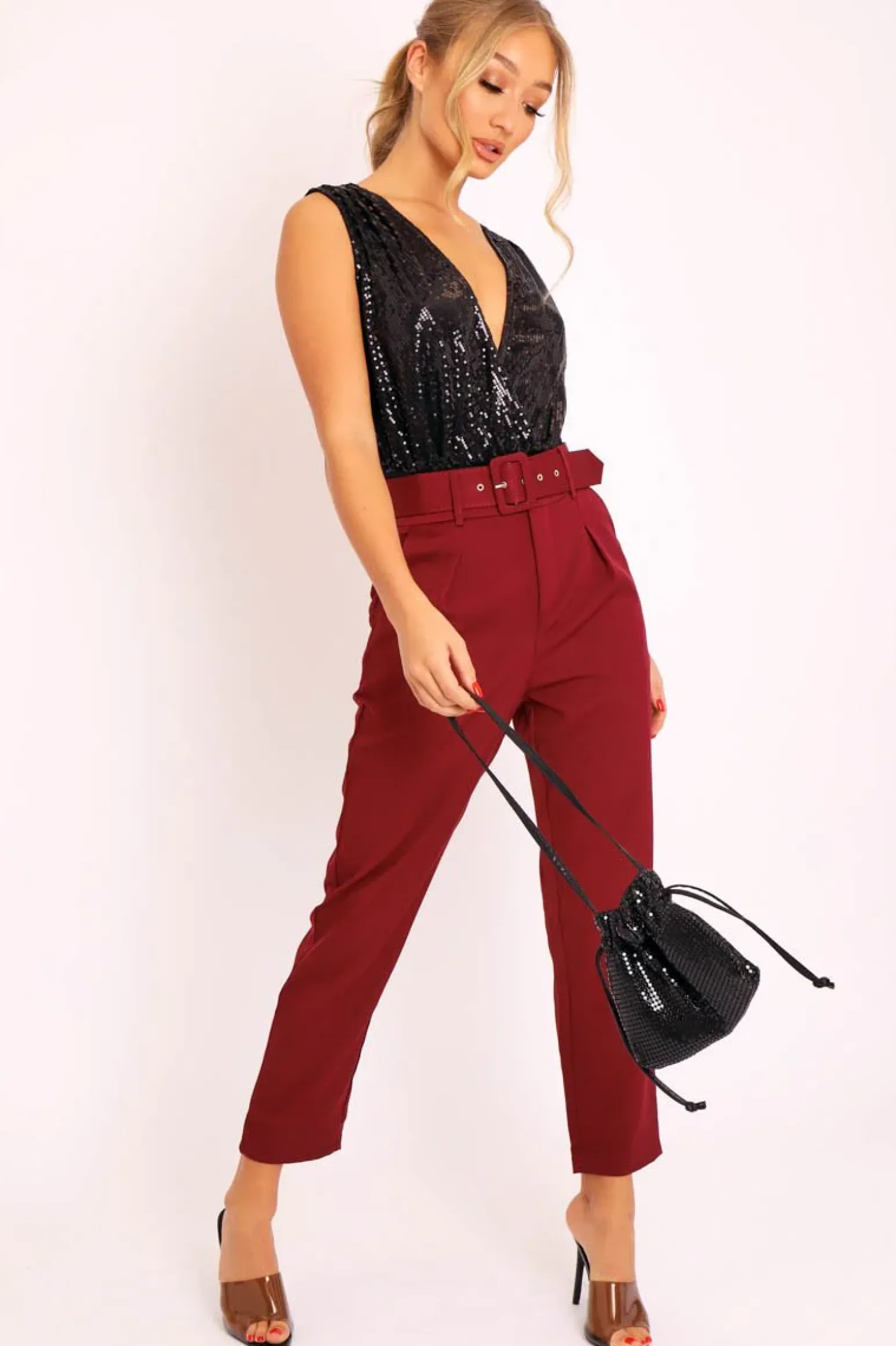 Rebellious Fashion Black Sequin Embellished Extreme Plunge Bodysuit - Yamila