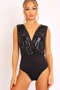 Rebellious Fashion Black Sequin Embellished Extreme Plunge Bodysuit - Yamila