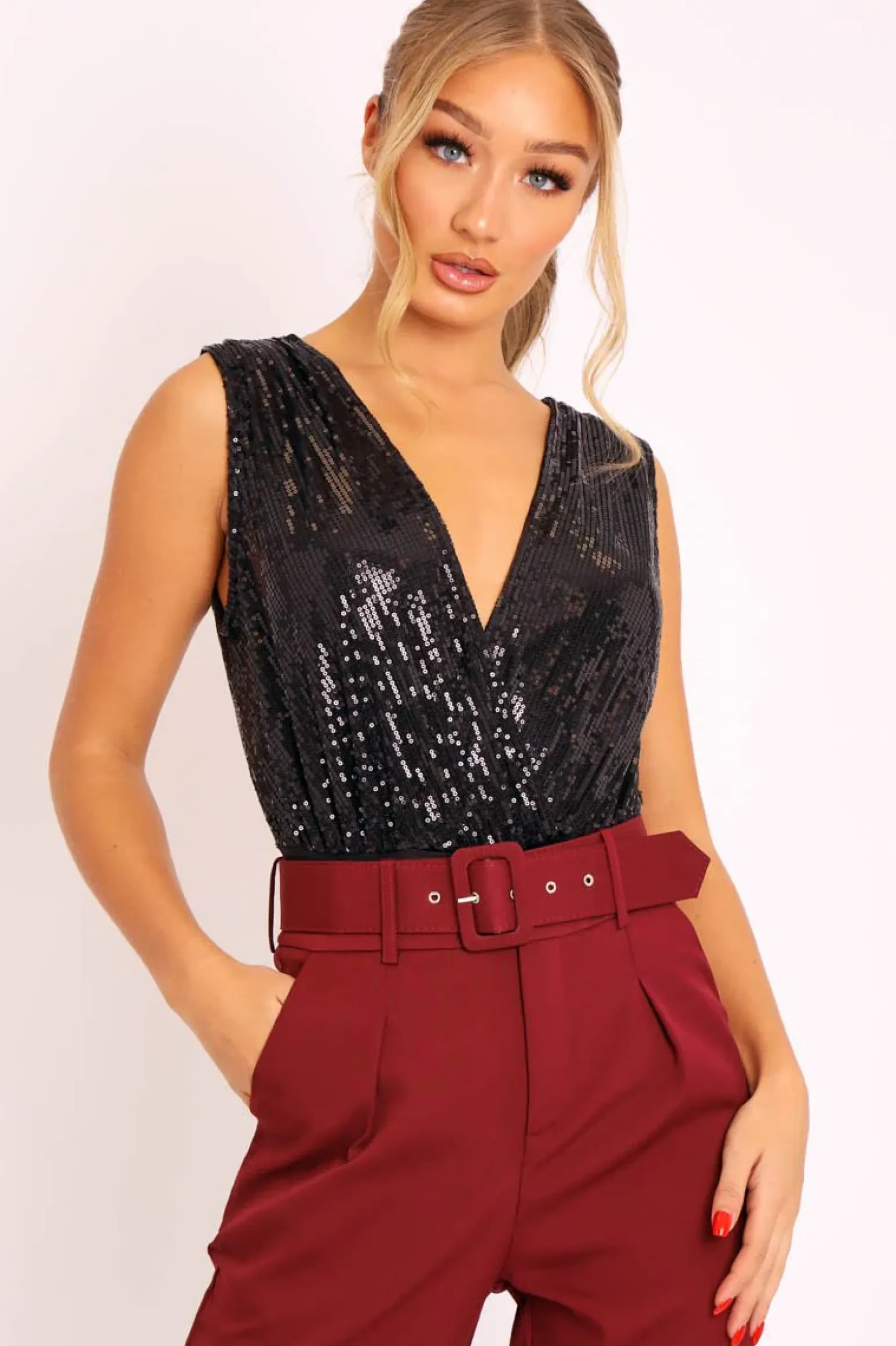Rebellious Fashion Black Sequin Embellished Extreme Plunge Bodysuit - Yamila