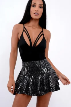 Rebellious Fashion Black Sequin Frill High Waisted Shorts - Kaden