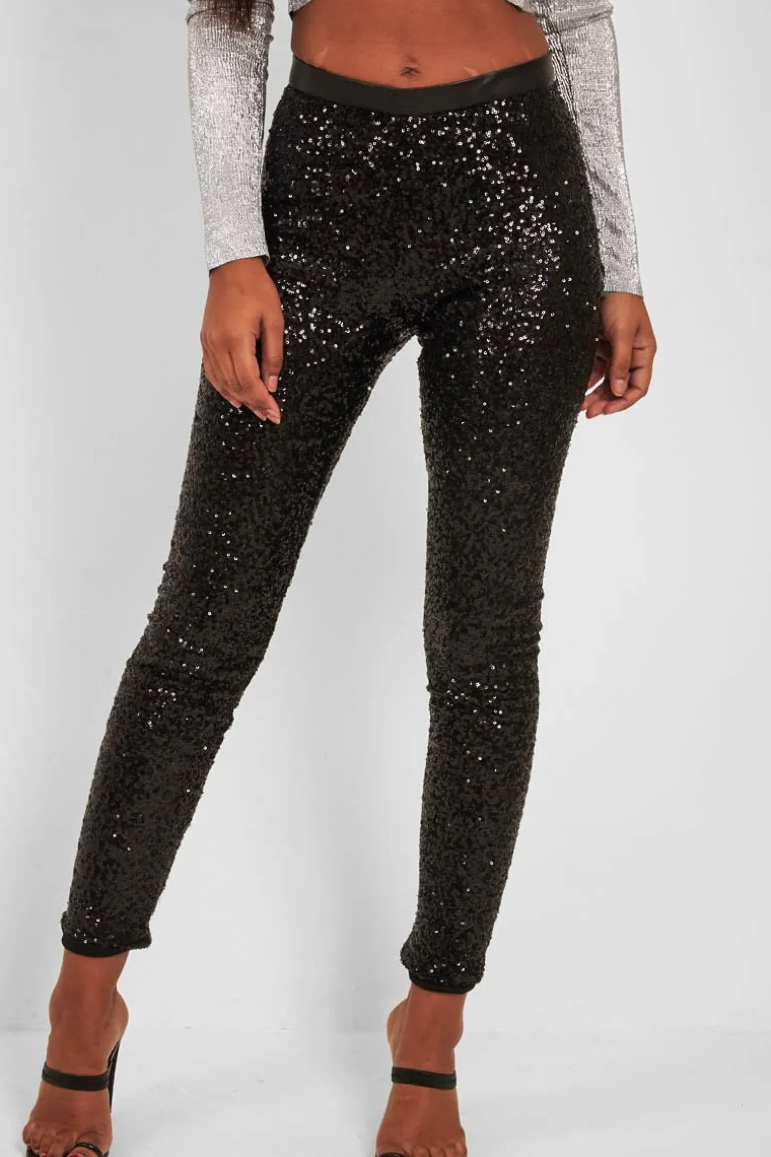 Rebellious Fashion Black Sequin Skinny Trousers - Indira