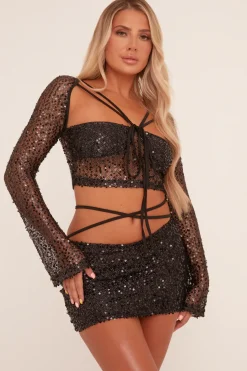 Rebellious Fashion Black Sequin Tie Detail Crop Top & Mini Skirt Co-ord Set - Skylar