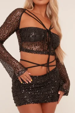 Rebellious Fashion Black Sequin Tie Detail Crop Top & Mini Skirt Co-ord Set - Skylar