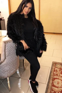 Rebellious Fashion Black Shaggy Faux Fur Coat - Evalina