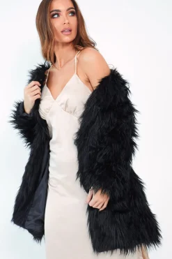 Rebellious Fashion Black Shaggy Faux Fur Coat - Evalina