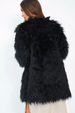 Rebellious Fashion Black Shaggy Faux Fur Coat - Evalina