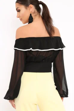 Rebellious Fashion Black Sheer Bardot Crop Top - Pia