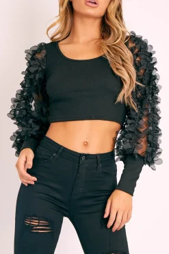 Rebellious Fashion Black Sheer Frill Sleeve Ribbed Crop Top - Nelly