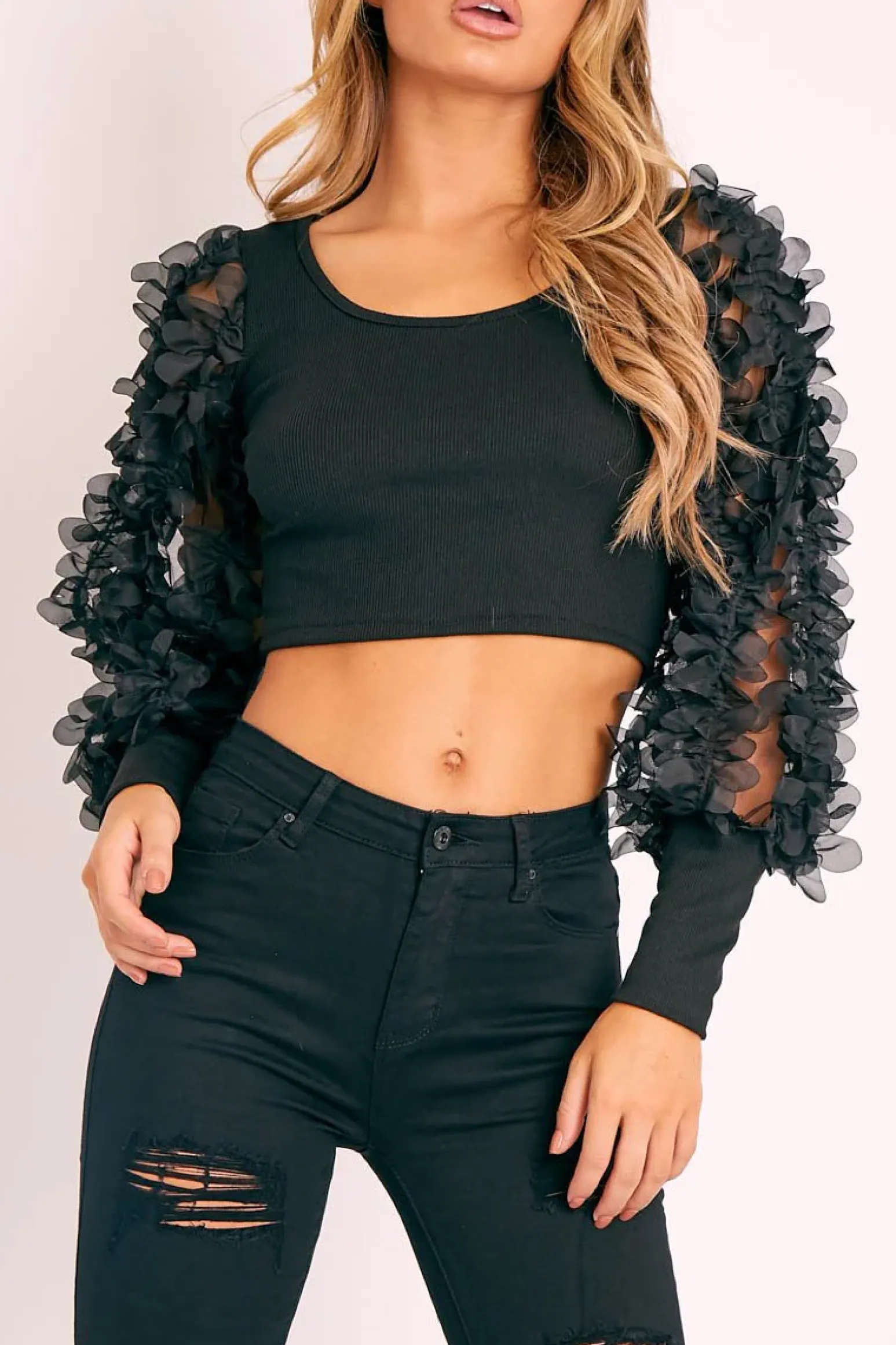 Rebellious Fashion Black Sheer Frill Sleeve Ribbed Crop Top - Nelly
