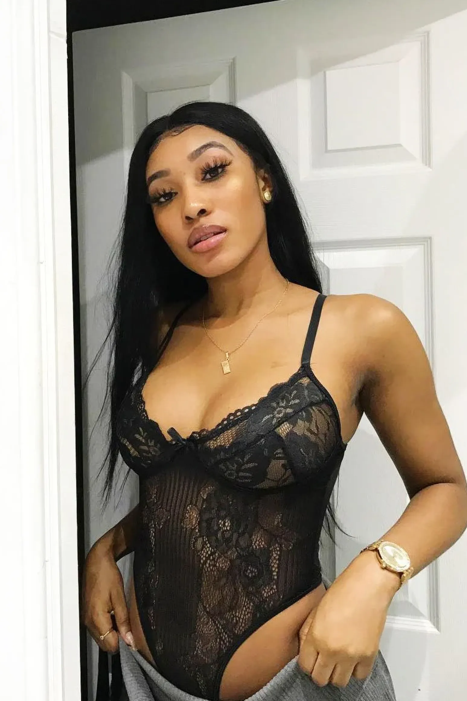 Rebellious Fashion Black Sheer Lace Bodysuit - Katia