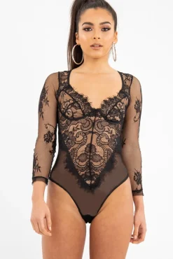 Rebellious Fashion Black Sheer Lace Cup Long Sleeve Bodysuit - Izela
